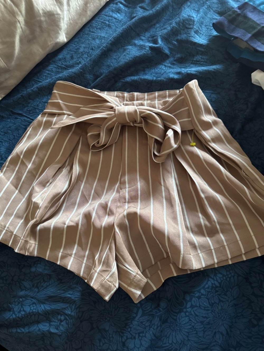Listicle Tan & White Striped High-Waist Paperbag Shorts